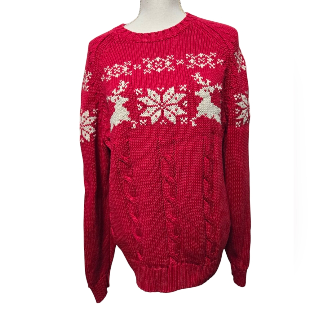 Lands' End Red/White Holiday Snowflake Reindeer Sweater